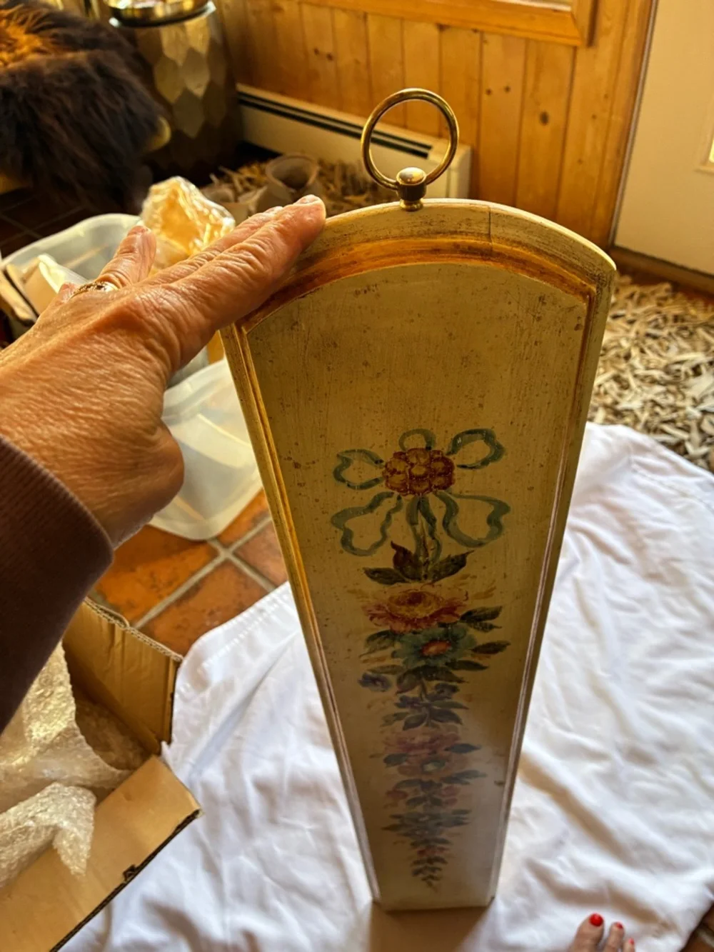 Italian Hand Painted Floral Wood Panel Yellow Multicolor Large TROMPE L'OEIL